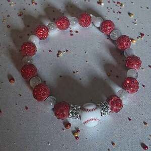 Artisanal Red Sparkle Baseball Charm Bracelet Game Day Sports Fan Jewelry